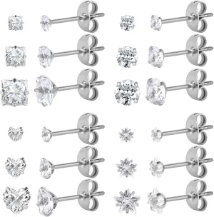 12 Pairs Surgical Stainless Steel Screw back Stud Earrings, 18K Gold Black Plated Star Heart Square Princess Cut Round Cubic Zirconia CZ Stud Earrings Set