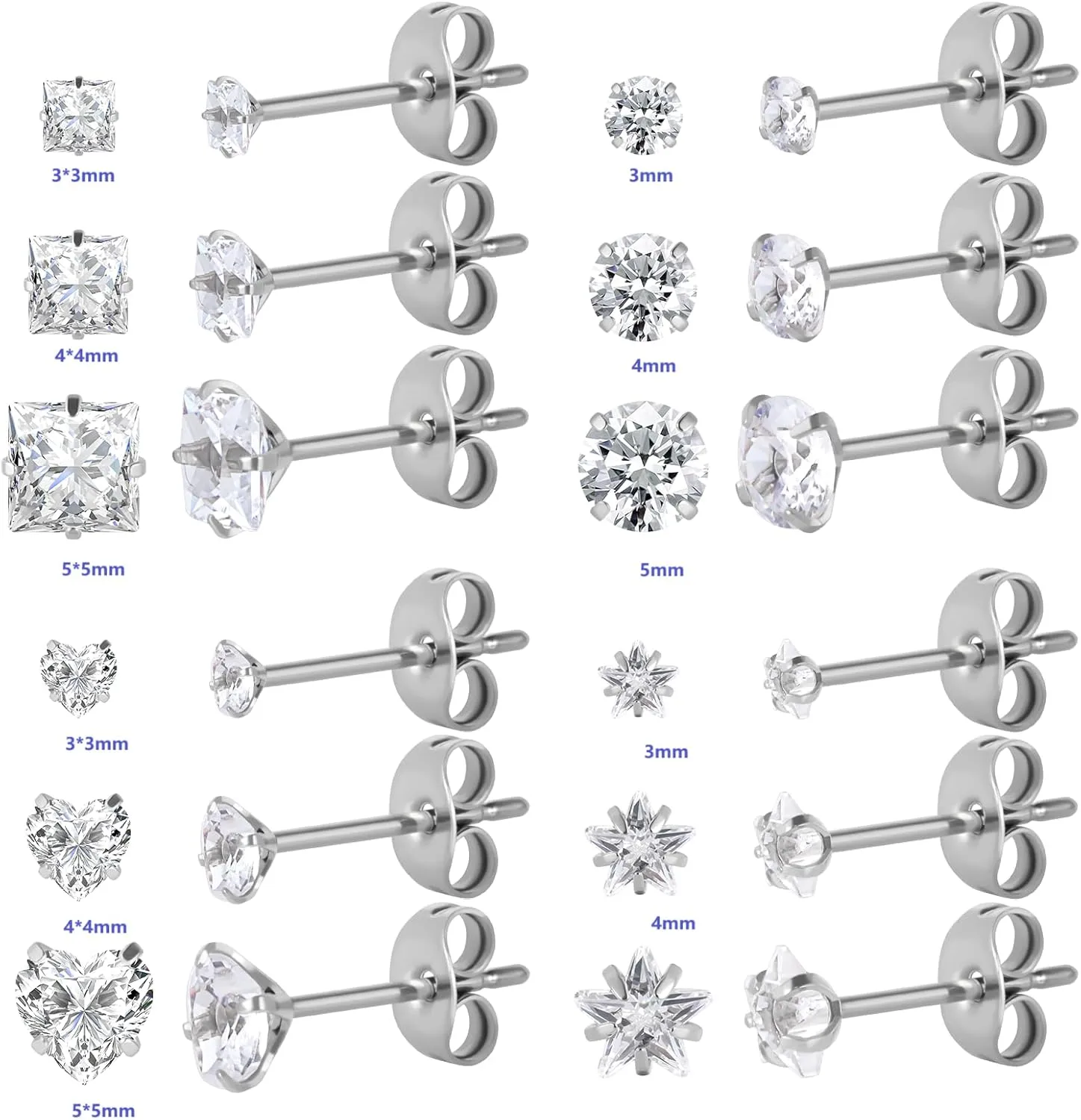 12 Pairs Surgical Stainless Steel Screw back Stud Earrings, 18K Gold Black Plated Star Heart Square Princess Cut Round Cubic Zirconia CZ Stud Earrings Set
