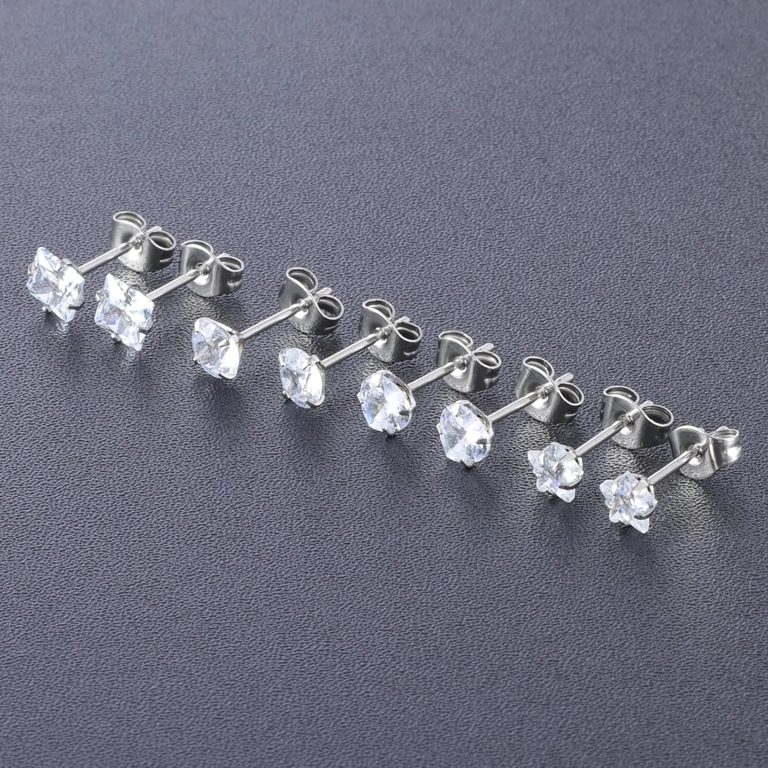 12 Pairs Surgical Stainless Steel Screw back Stud Earrings, 18K Gold Black Plated Star Heart Square Princess Cut Round Cubic Zirconia CZ Stud Earrings Set
