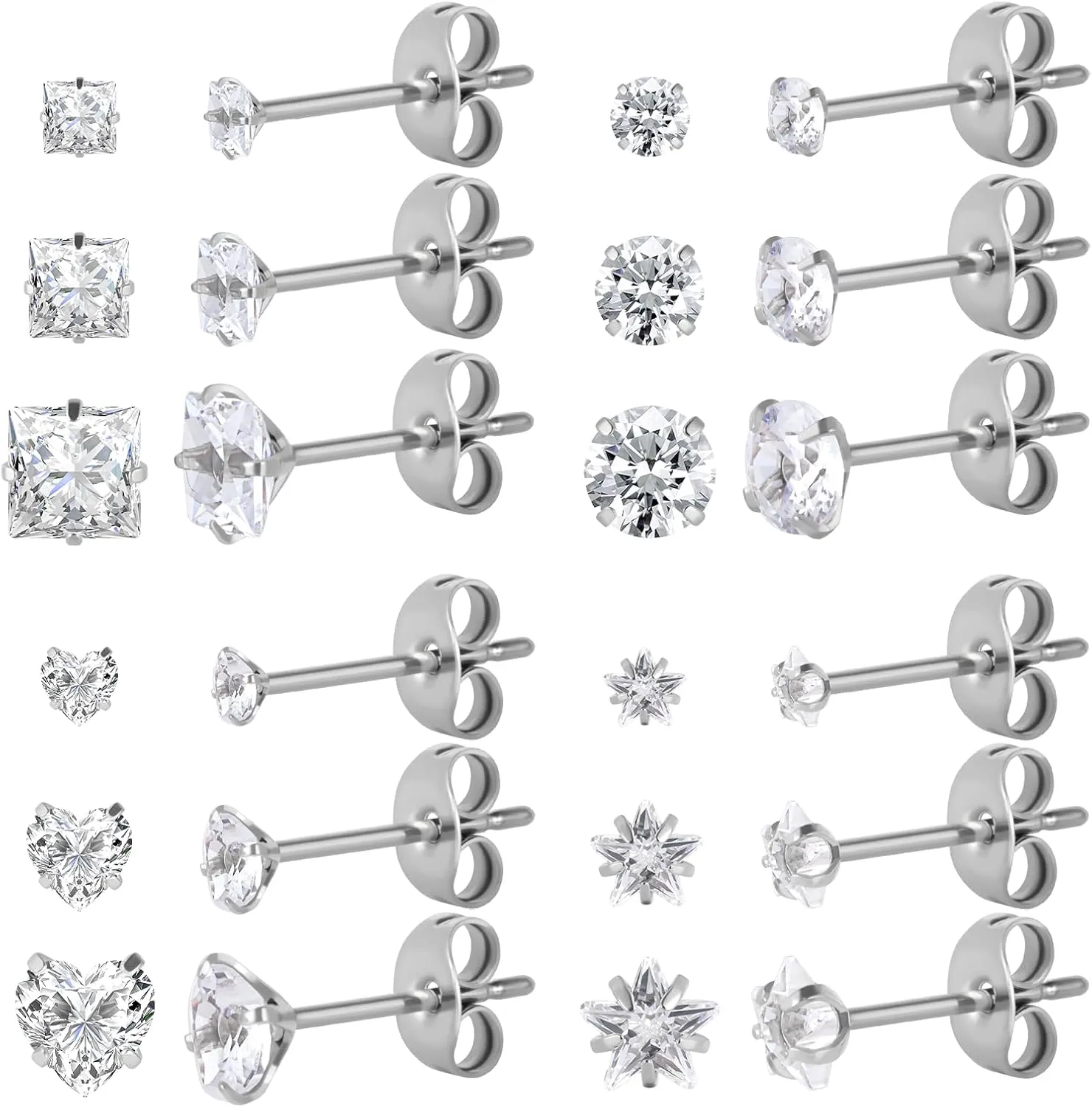 12 Pairs Surgical Stainless Steel Screw back Stud Earrings, 18K Gold Black Plated Star Heart Square Princess Cut Round Cubic Zirconia CZ Stud Earrings Set