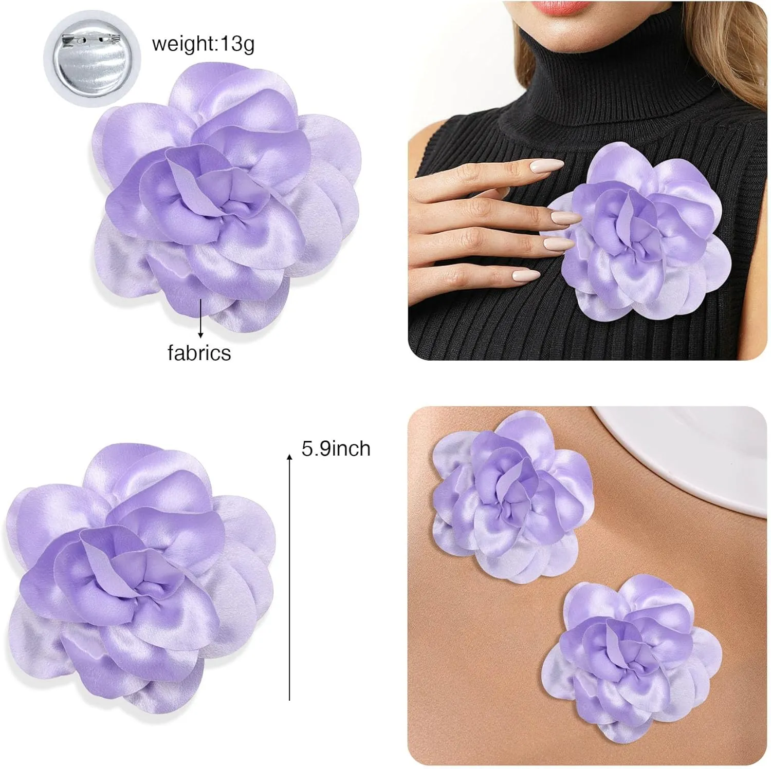 2Pack 6inch Extra Large Satin Brooches Lapel Pins Dainty Elegant Fabric Camellia Rose Flower Brooch Pin for Women Wedding Part Dance Clothes Accessories Jewelry