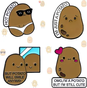 4Pcs Cute Potato Enamel Pin Set - Funny Vegetable Pins with 3D Designs Kawaii Gifts for Plant Lovers, Gardeners, Foodie Friends