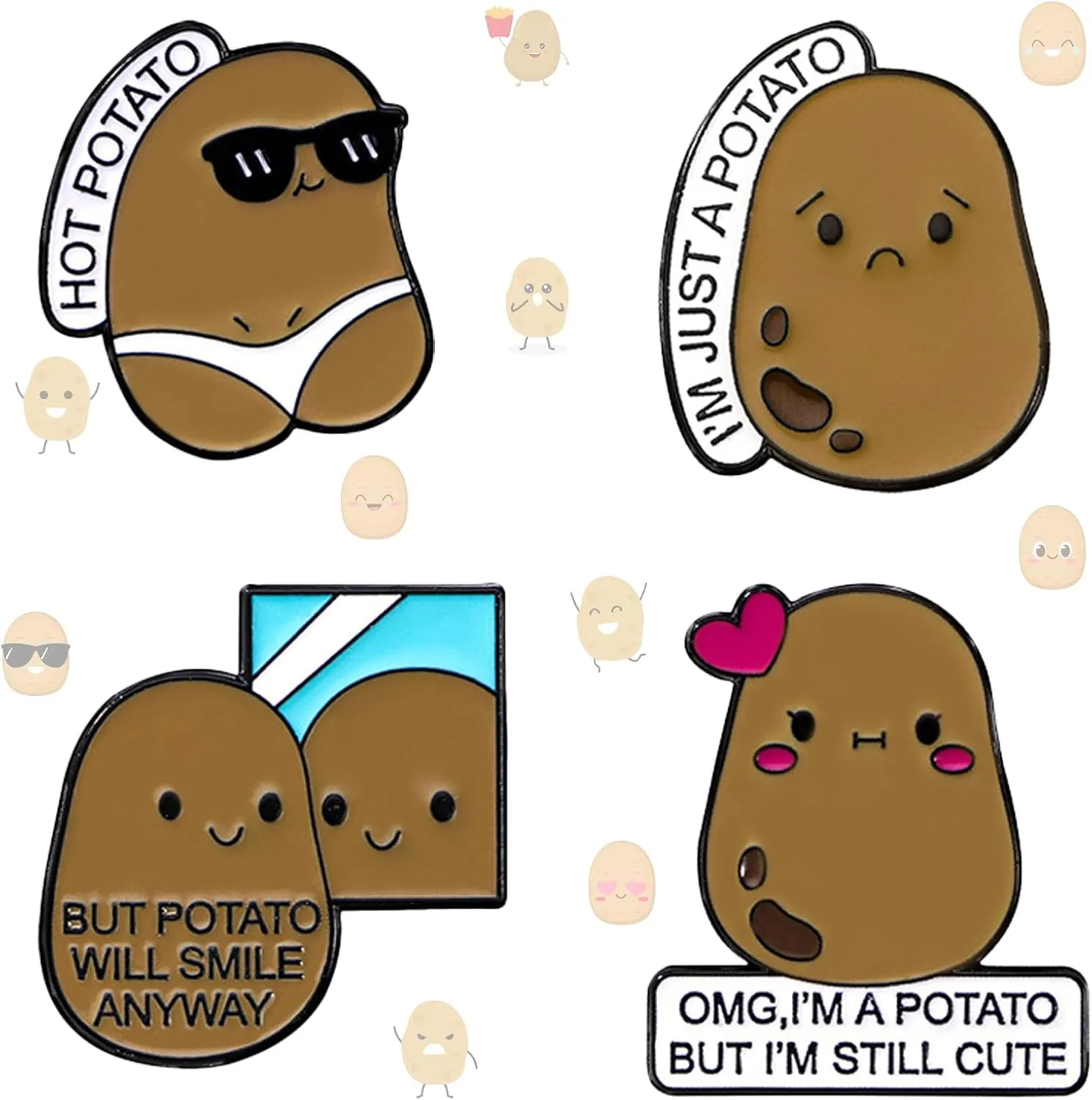 4Pcs Cute Potato Enamel Pin Set - Funny Vegetable Pins with 3D Designs Kawaii Gifts for Plant Lovers, Gardeners, Foodie Friends