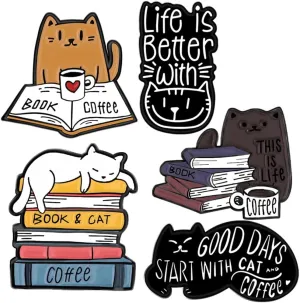 5 Pcs Book and Cat Brooch Cute Books Pins Cartoon Book Lovers Gifts Cat Books Brooches Mini Literary Gifts Lapel Pin Fun Bookworm Librarian Gifts Pins for Backpacks Women Men Teacher Student Clothing