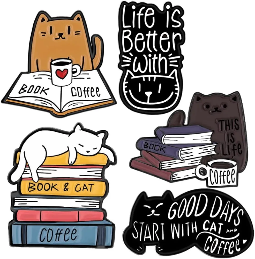 5 Pcs Book and Cat Brooch Cute Books Pins Cartoon Book Lovers Gifts Cat Books Brooches Mini Literary Gifts Lapel Pin Fun Bookworm Librarian Gifts Pins for Backpacks Women Men Teacher Student Clothing