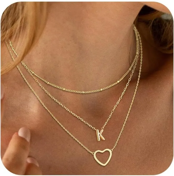 ASCOMY Gold Necklace for Women 14K Gold Plated Initial Necklaces Layered Heart Letter Necklace Layered Heart Pendant Necklace Alphabet A-Z Charm Necklaces Personalized Jewelry Gift for Women