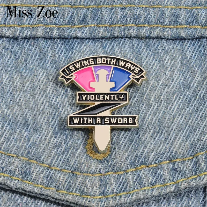 Bisexual Rainbow Enamel Pins Custom Swing Both Ways Violently With A Sword Pride Brooches Lapel Badges Jewelry Gift for Friends