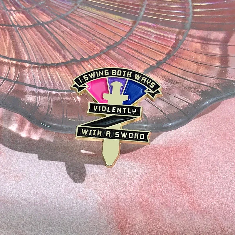 Bisexual Rainbow Enamel Pins Custom Swing Both Ways Violently With A Sword Pride Brooches Lapel Badges Jewelry Gift for Friends