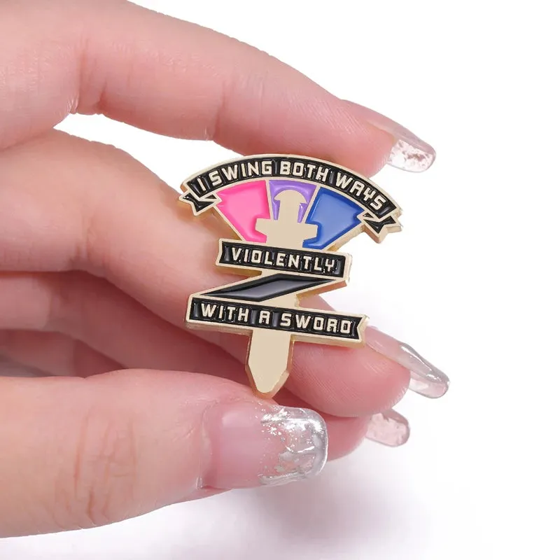Bisexual Rainbow Enamel Pins Custom Swing Both Ways Violently With A Sword Pride Brooches Lapel Badges Jewelry Gift for Friends