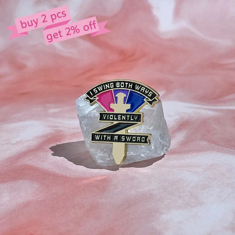 Bisexual Rainbow Enamel Pins Custom Swing Both Ways Violently With A Sword Pride Brooches Lapel Badges Jewelry Gift for Friends