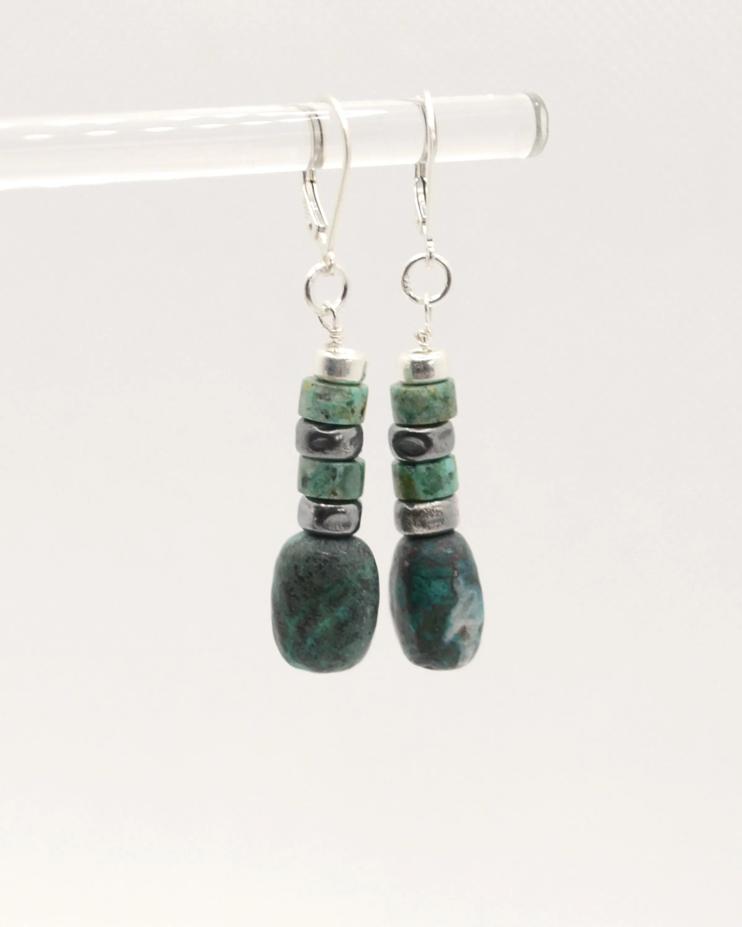 Boho silver and green-blue chrysocolla dangling earrings, romantic gift
