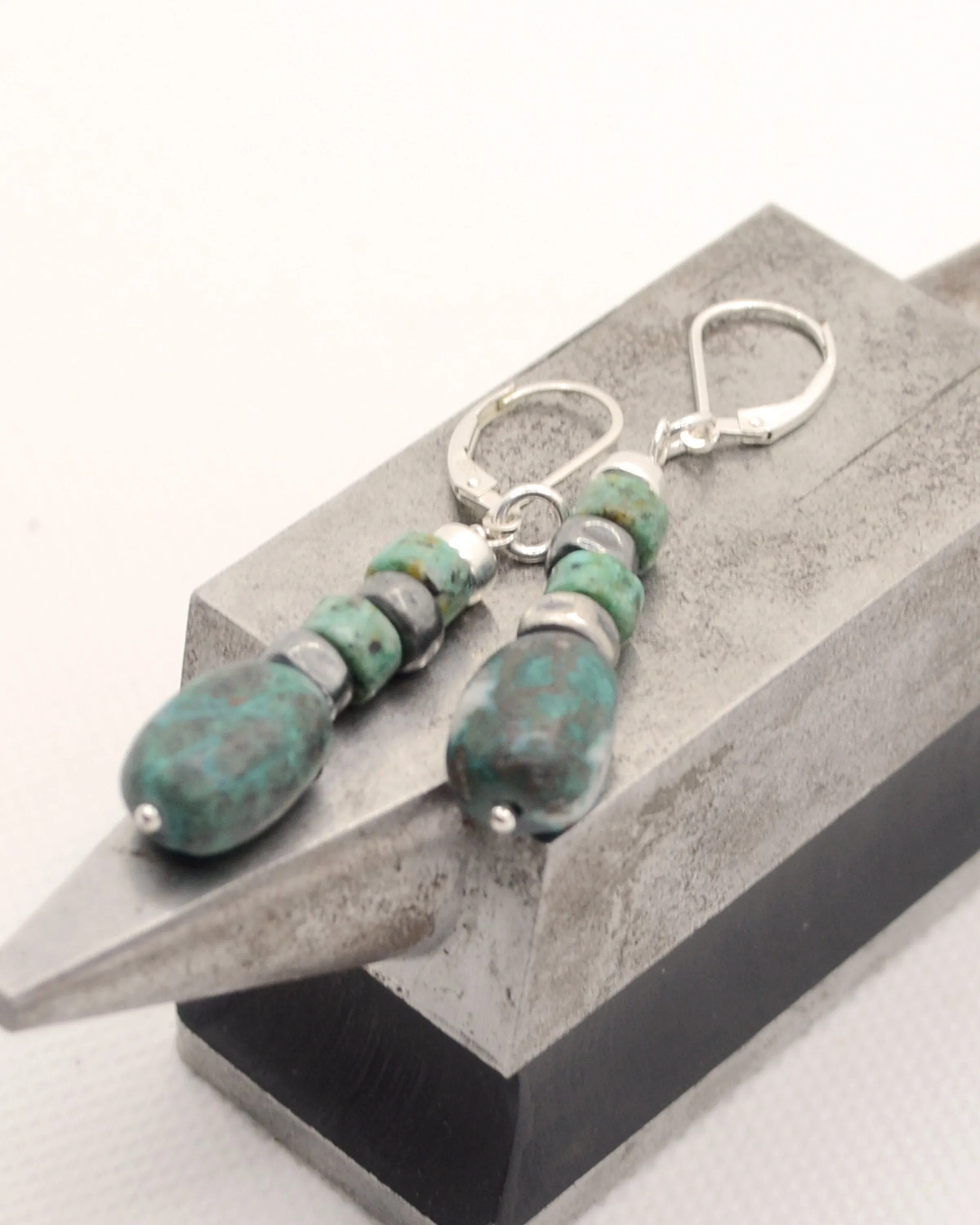 Boho silver and green-blue chrysocolla dangling earrings, romantic gift