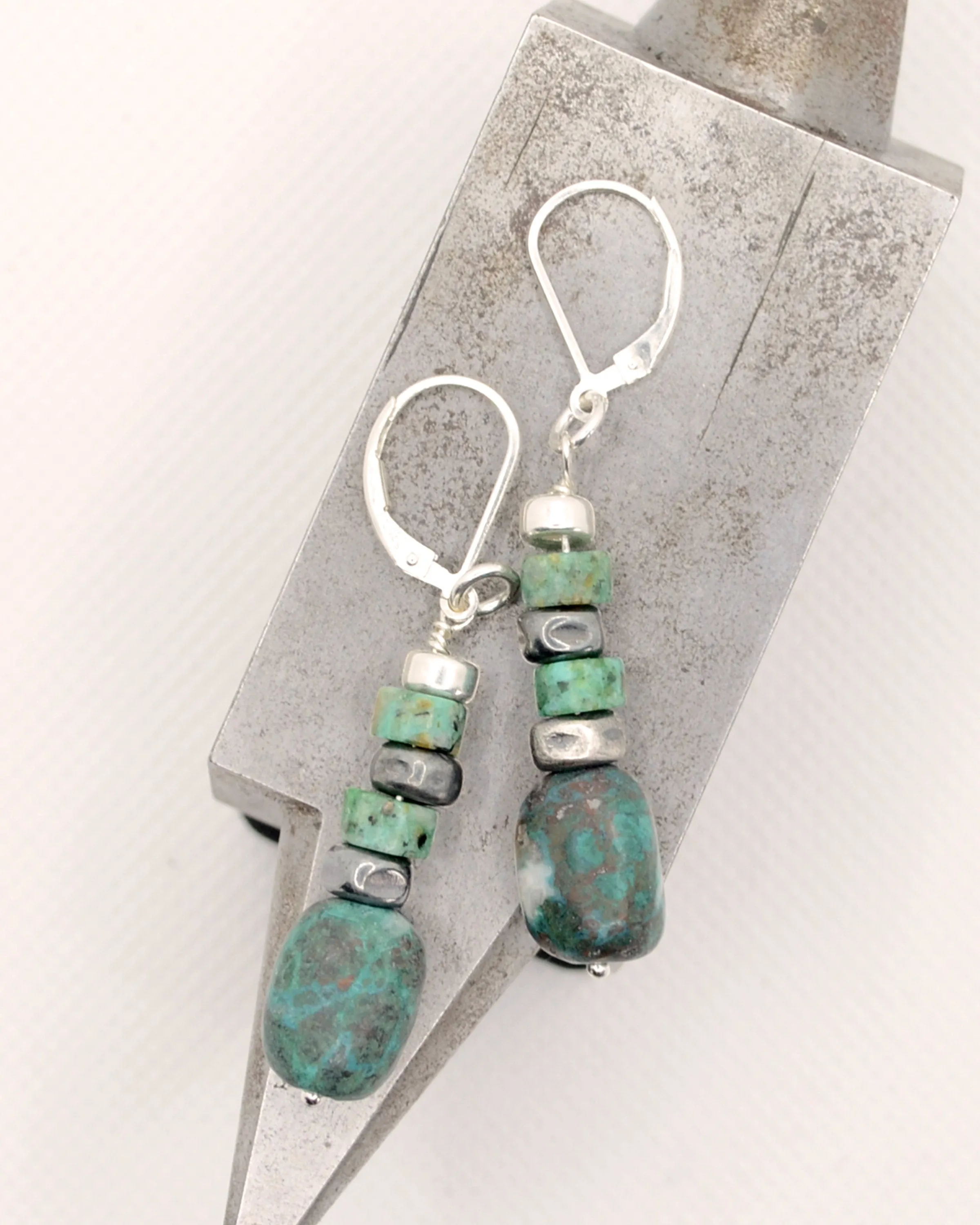 Boho silver and green-blue chrysocolla dangling earrings, romantic gift