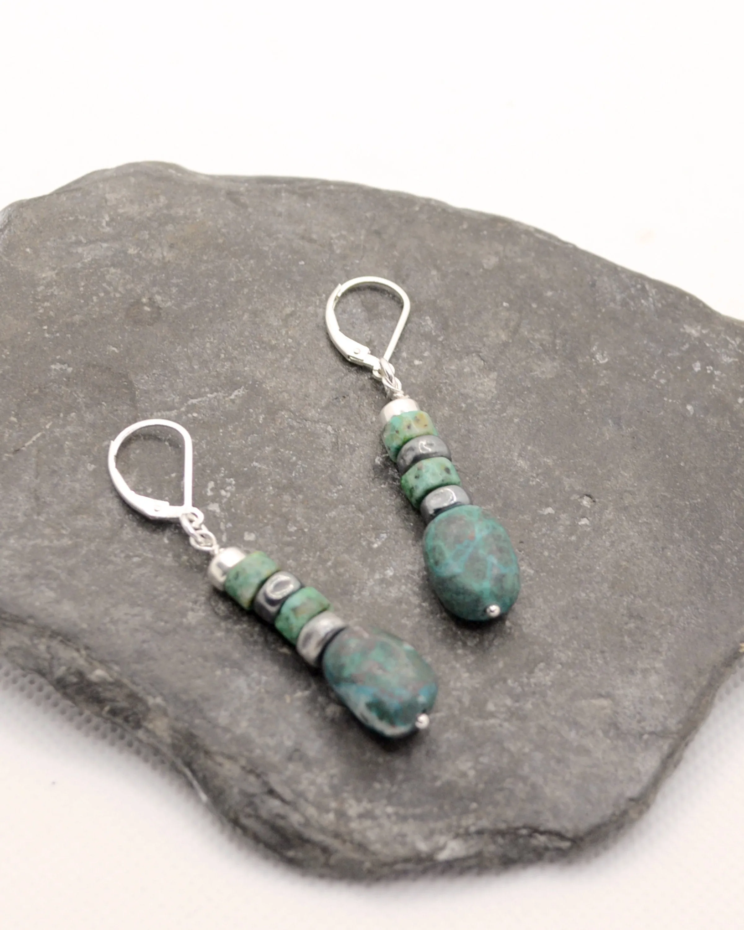 Boho silver and green-blue chrysocolla dangling earrings, romantic gift