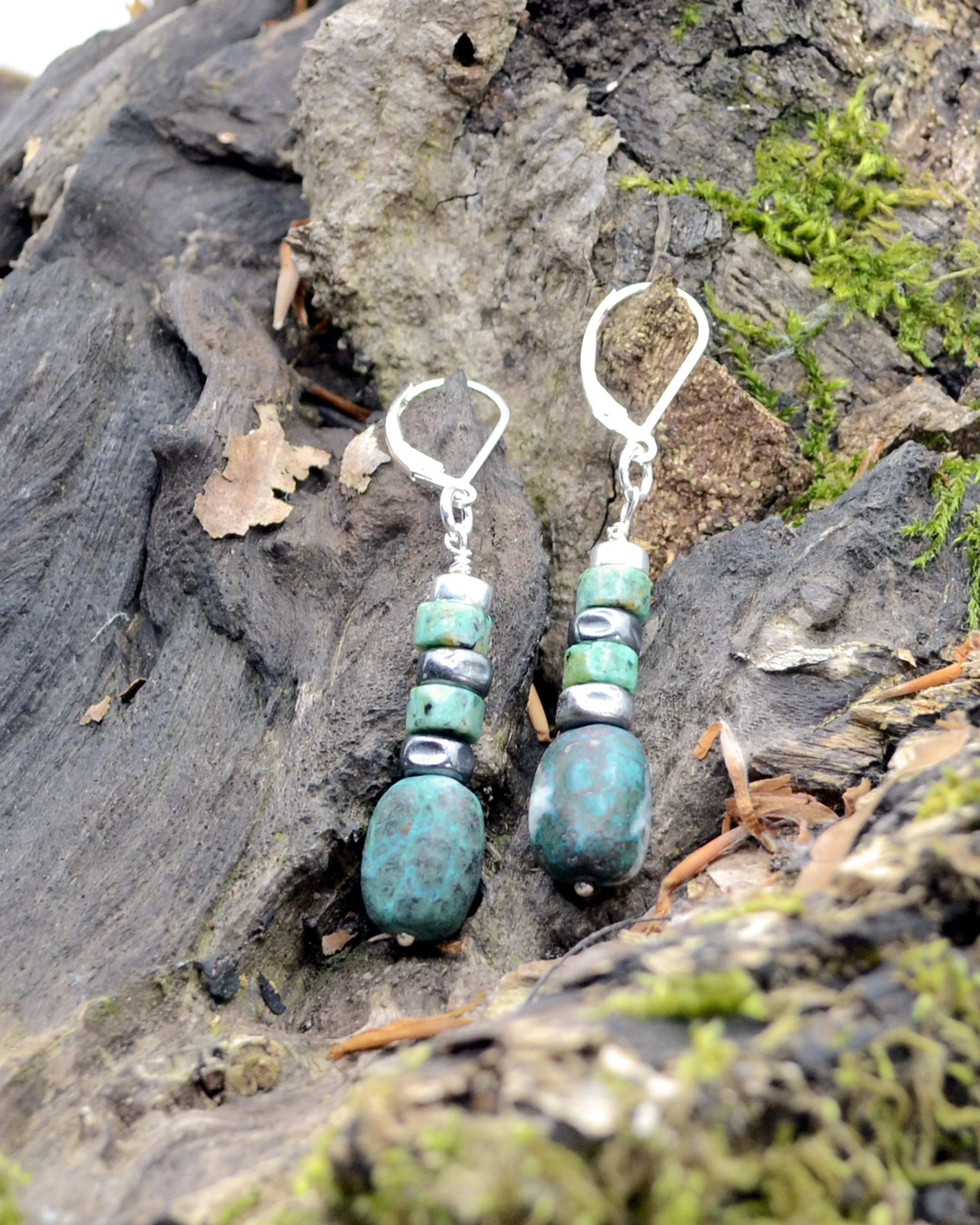 Boho silver and green-blue chrysocolla dangling earrings, romantic gift