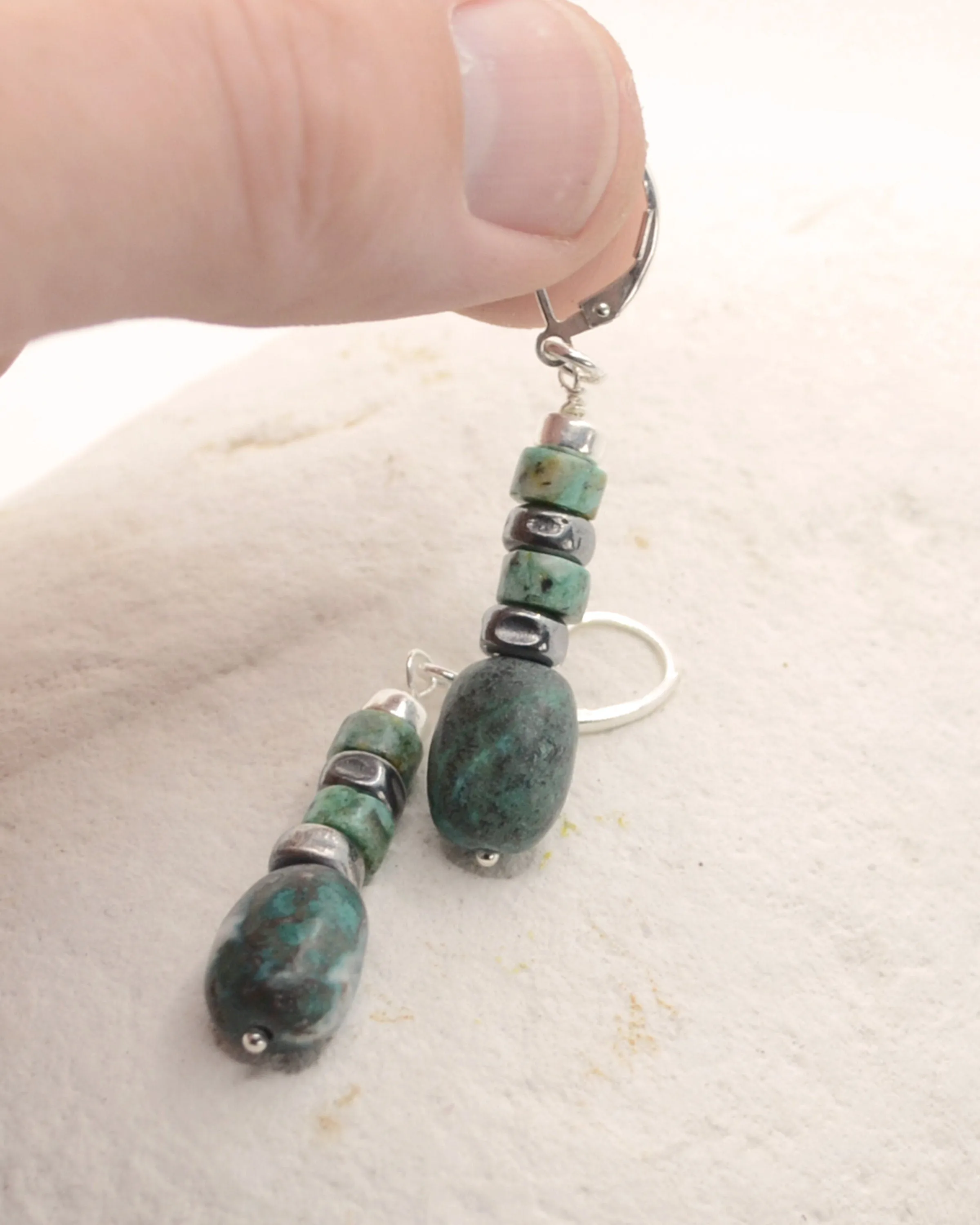 Boho silver and green-blue chrysocolla dangling earrings, romantic gift
