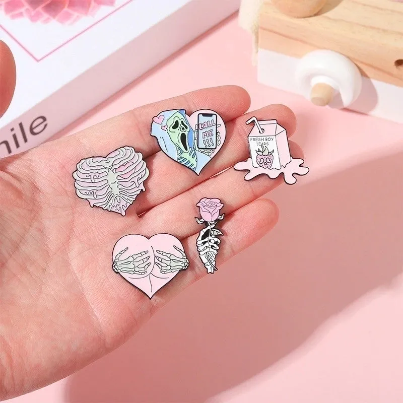 Cartoon Style Funny Rose Mushroom Skull Alloy Stamping Stoving Varnish Plating Unisex Brooches