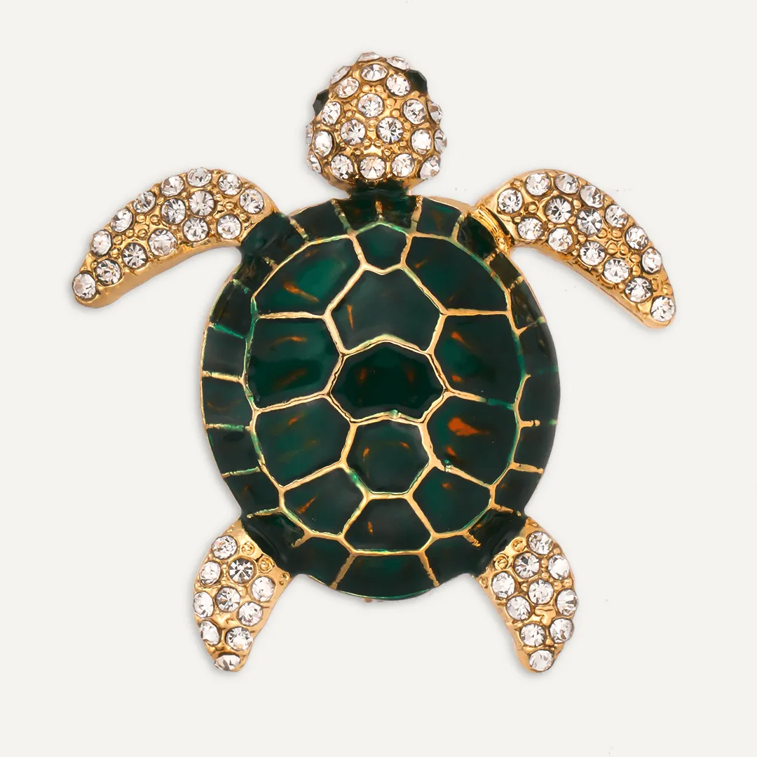 Crystal Turtle Animal Brooch In Gold-Tone
