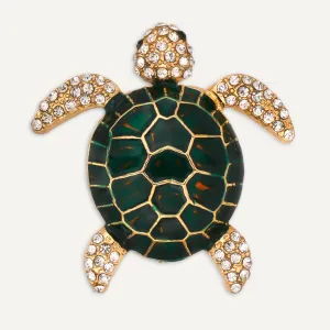Crystal Turtle Animal Brooch In Gold-Tone