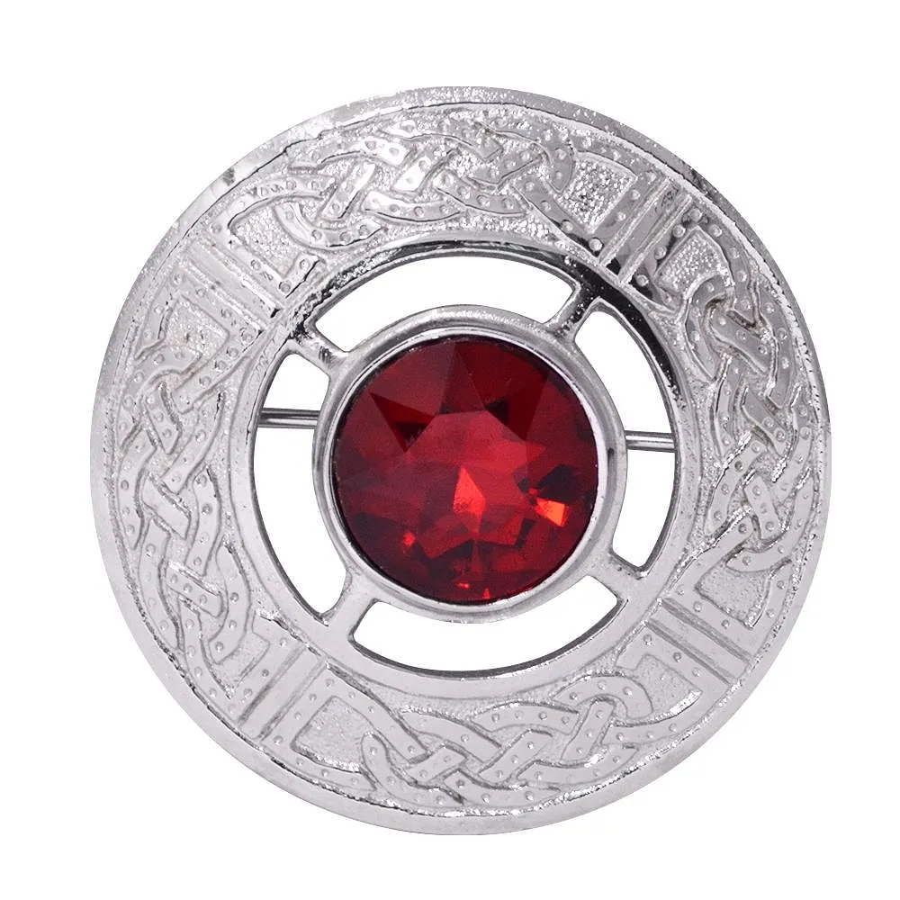 Fly Plaid Brooch Celtic Knot Work RED Stone Chrome Finish