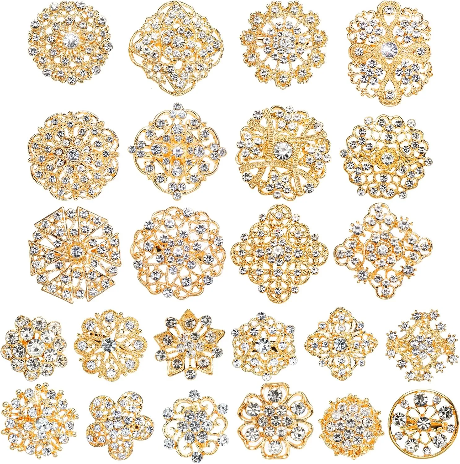 Hiceeden 24 Pieces Gold Crystal Brooches for Women, Rhinestone Brooches and Pins Flower Brooch for Crafts, Diamond Pins for Flower Wedding Bouquet Pins Set