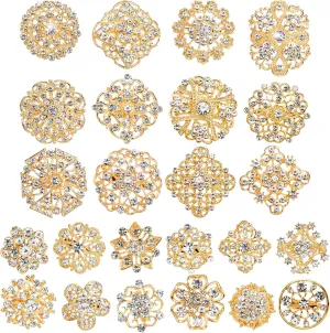 Hiceeden 24 Pieces Gold Crystal Brooches for Women, Rhinestone Brooches and Pins Flower Brooch for Crafts, Diamond Pins for Flower Wedding Bouquet Pins Set