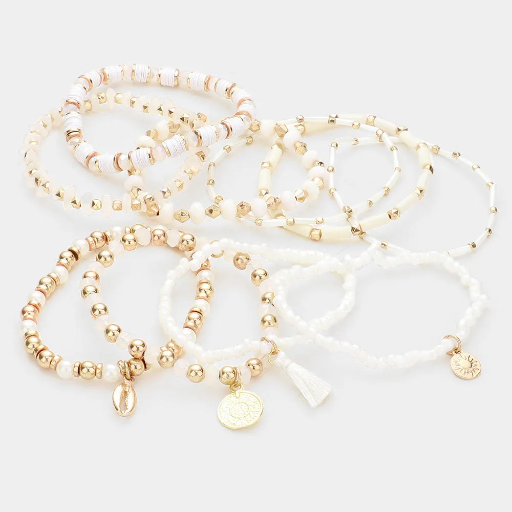 iLLASPARKZ 10PCS - Pearl Multi Bead Metal Puka Shell Coin Disc Tassel Charm Layered Bracelets