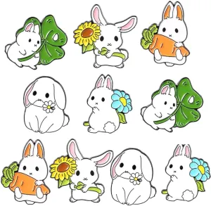 LUOZZY 10 PCS Cute Bunny Carrot Brooch Easter Enamel Pins Set Cartoon Rabbit Flower Badges Hats Bags Backpack Lapel Pins Accessory for Kids Girls