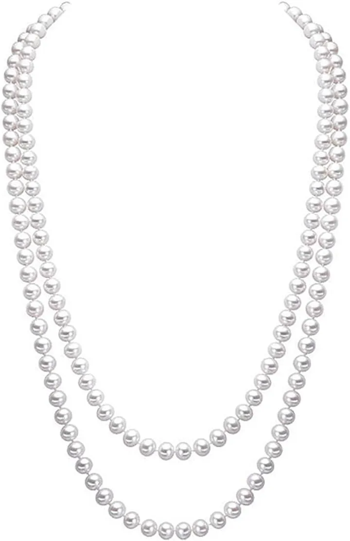 Merdia Elegant Women Lady Long White Sweater Created Pearl Necklace Beaded necklace