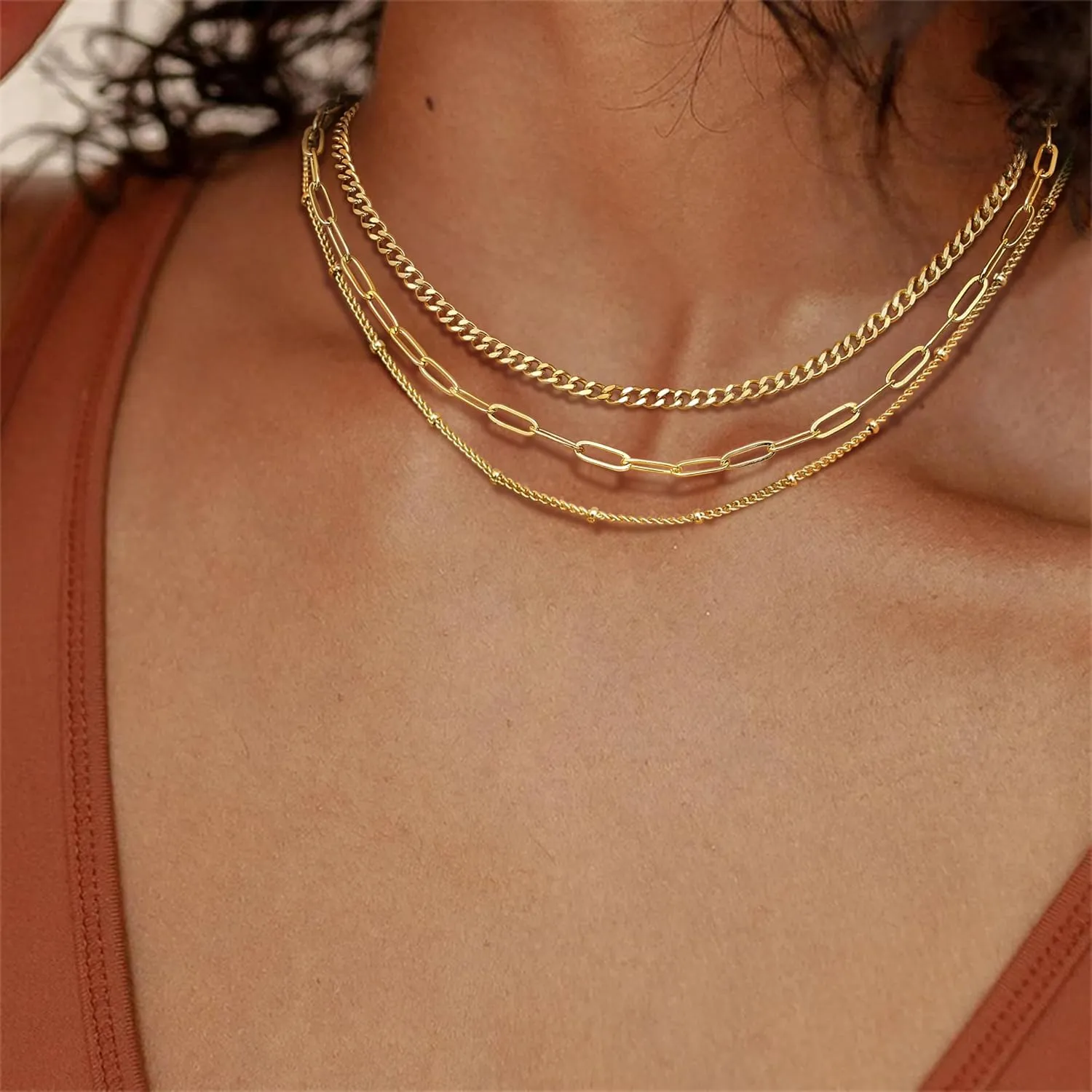 ORAZIO Gold Layered Necklaces for Women 14k Gold Plated Herringbone Necklace Dainty Snake Paperclip Chain Layering Necklaces Gold Choker Necklace Jewelry Set