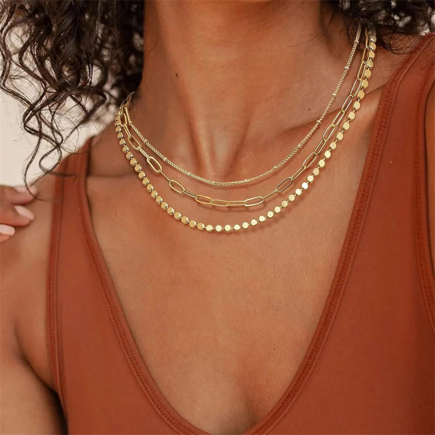 ORAZIO Gold Layered Necklaces for Women 14k Gold Plated Herringbone Necklace Dainty Snake Paperclip Chain Layering Necklaces Gold Choker Necklace Jewelry Set