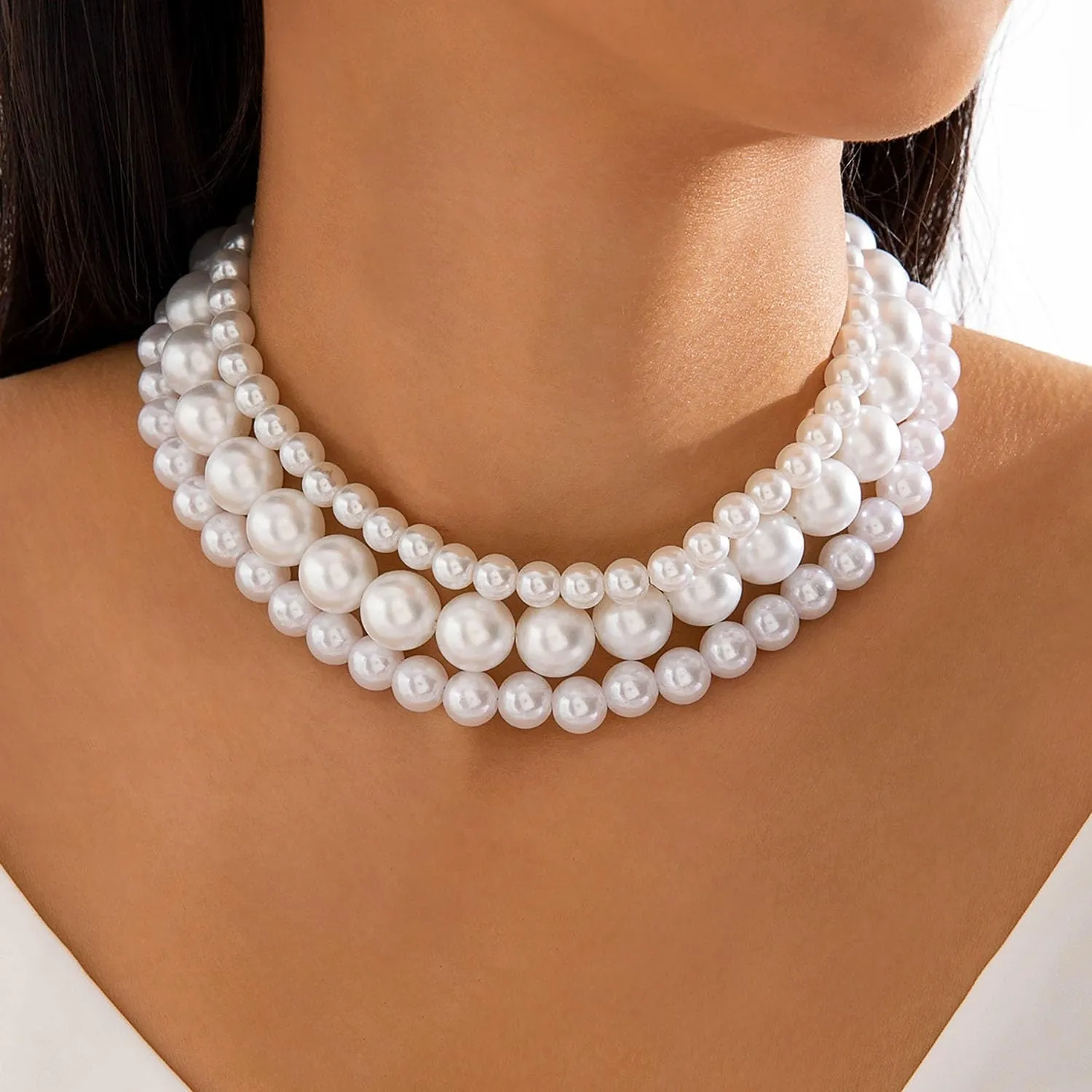 Pearl Choker Necklaces for Women Stackable Layered Pearl Necklaces Chunky Large Pearl Necklace Vintage Pearl Necklaces Wedding Jewelry Gifts