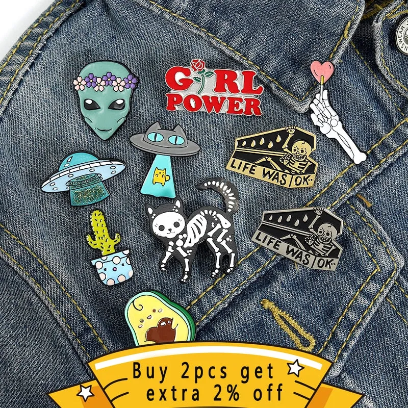 QIHE JEWELRY Skeleton Cat Enamel Lapel Pins Alien Avocado Cute Brooches Badges Fashion Pins Gifts for Friends Pins Wholesale