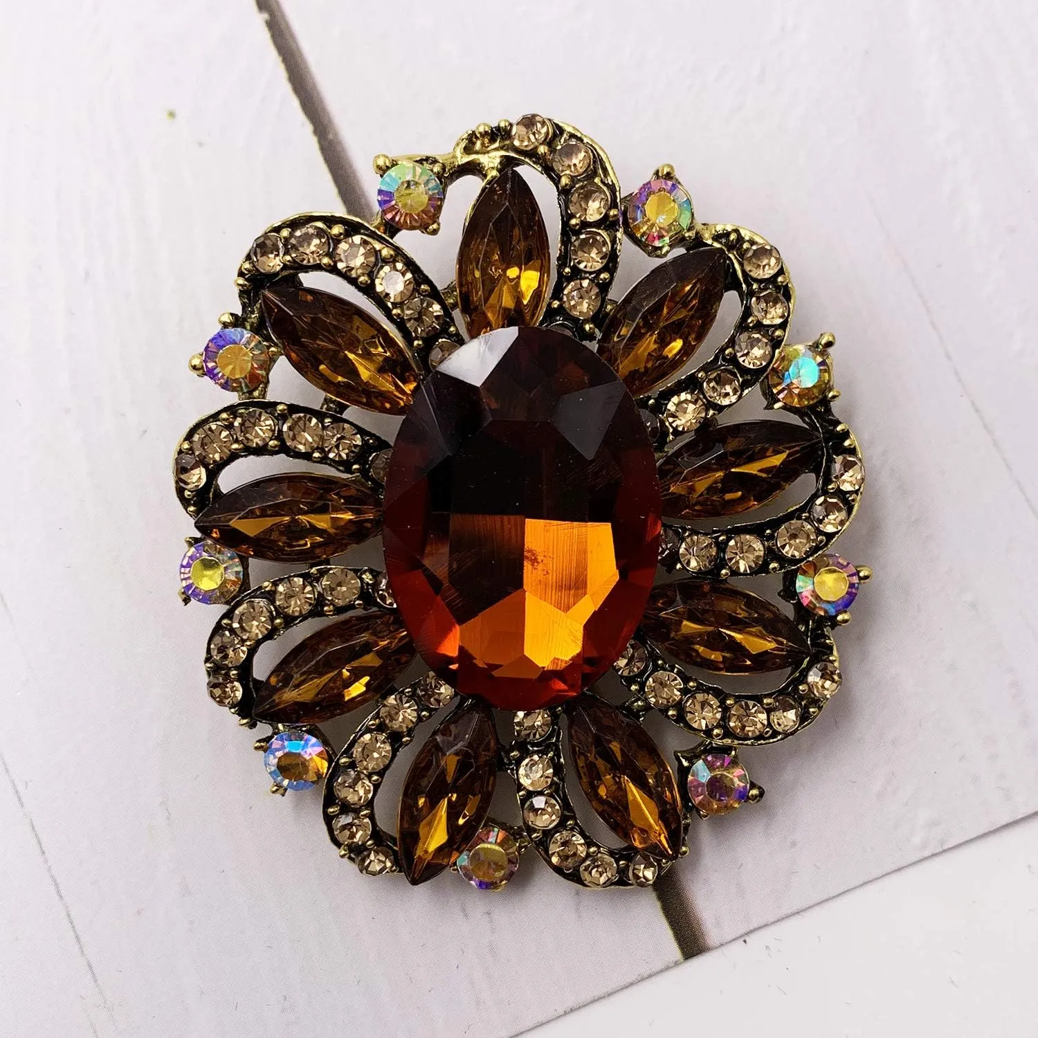 SELOVO Flower Rhinestone Statement Brooch Pin Accessory Antique Gold Tone
