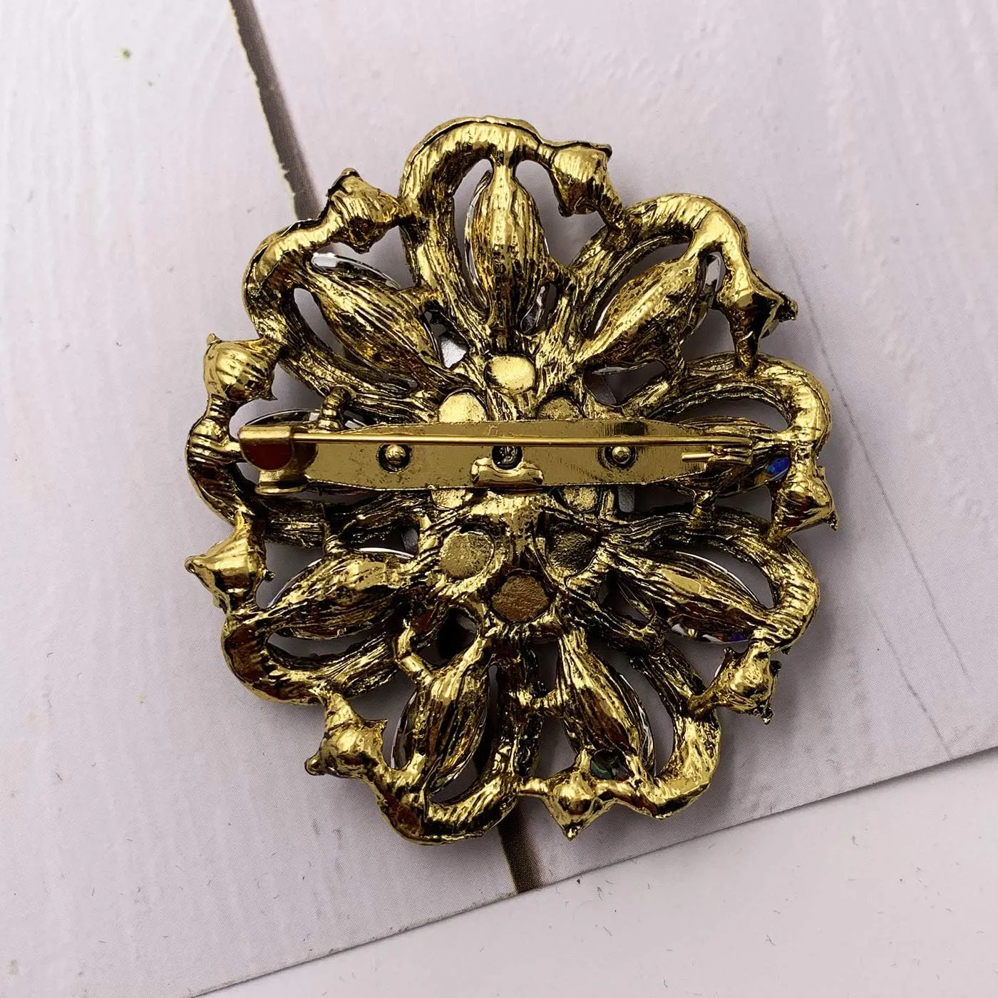 SELOVO Flower Rhinestone Statement Brooch Pin Accessory Antique Gold Tone