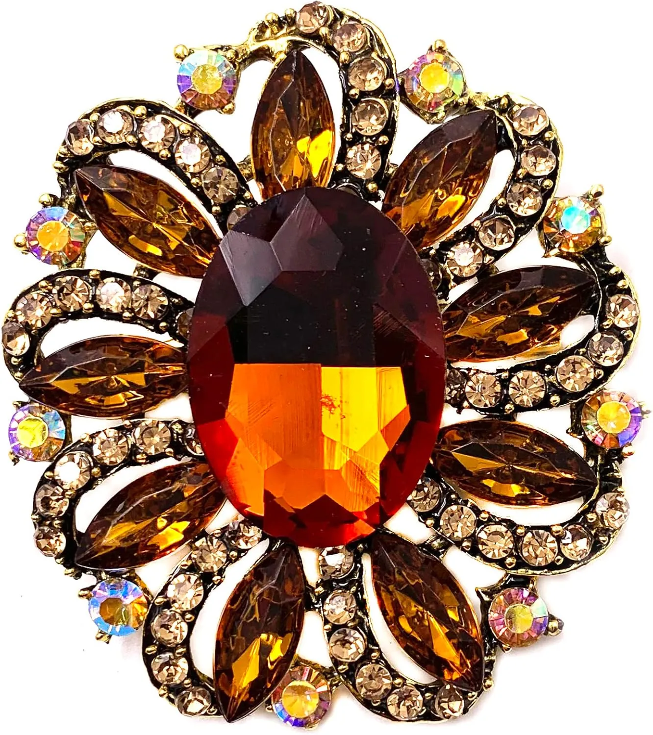 SELOVO Flower Rhinestone Statement Brooch Pin Accessory Antique Gold Tone
