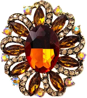 SELOVO Flower Rhinestone Statement Brooch Pin Accessory Antique Gold Tone