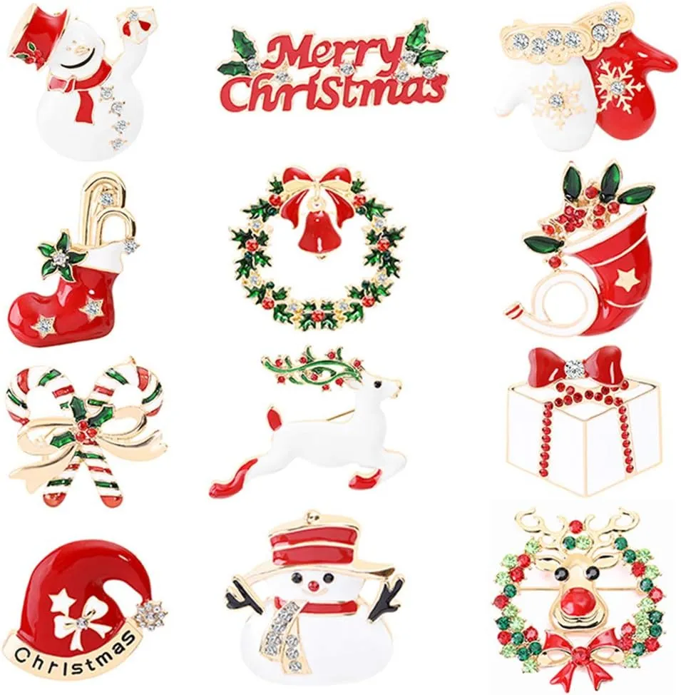 Sparkly Christmas Brooch Set with 12 Cute Pins for Kids and Adults, Ideal for Christmas Decorations, Alloy Material