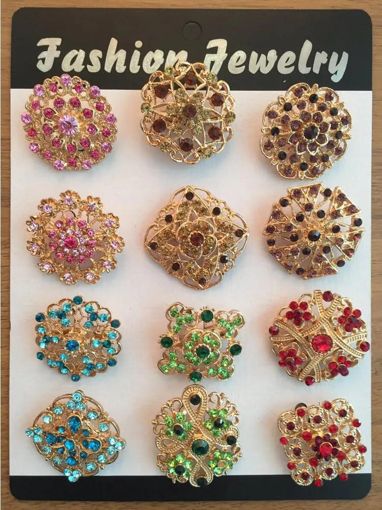 Tvoip Fashion Lot 12pc Clear Rhinestone Crystal Flower Brooches Pins