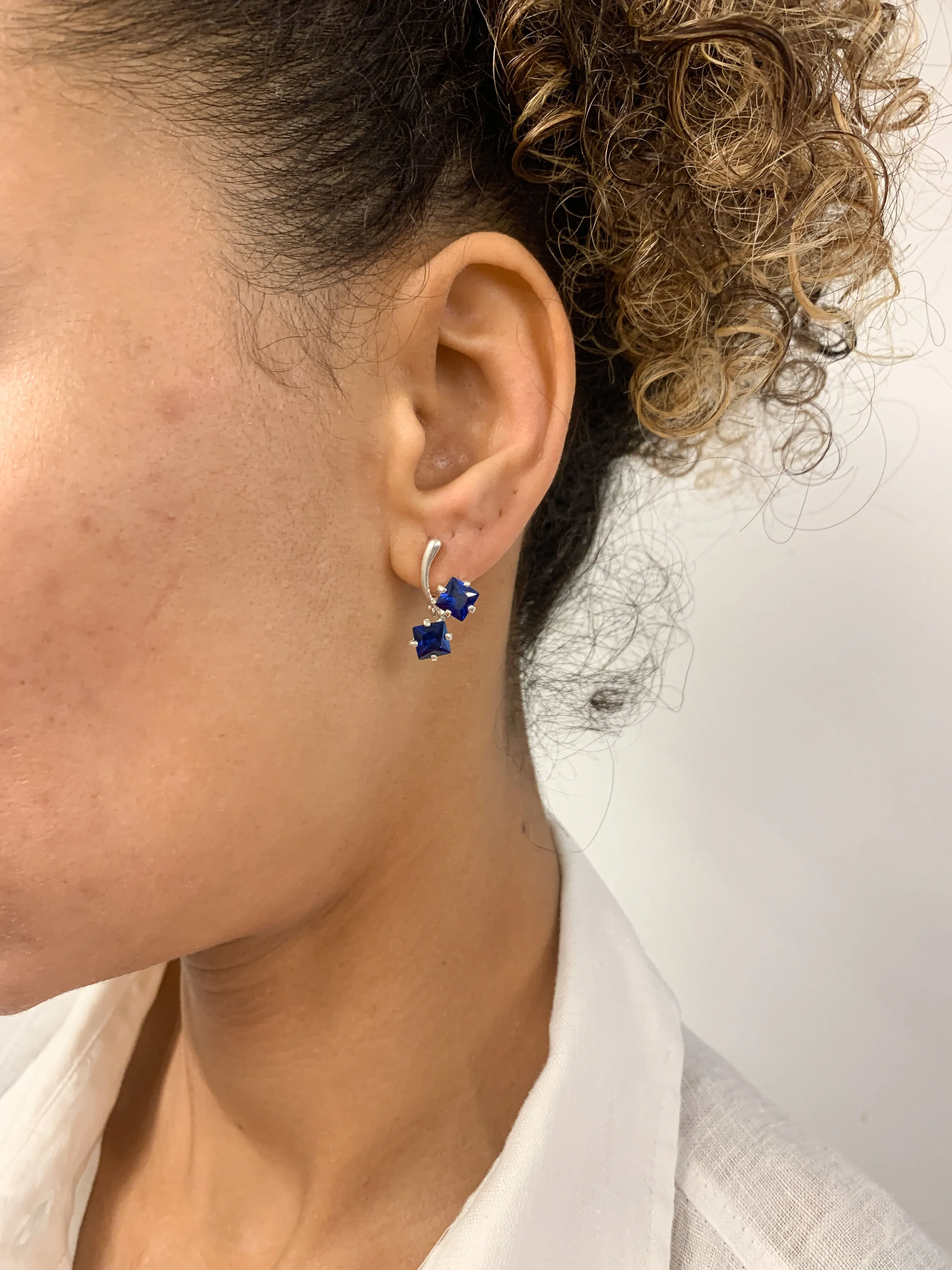 Twin Sapphire Earrings - Blue Square Earrings, Long Silver Earrings