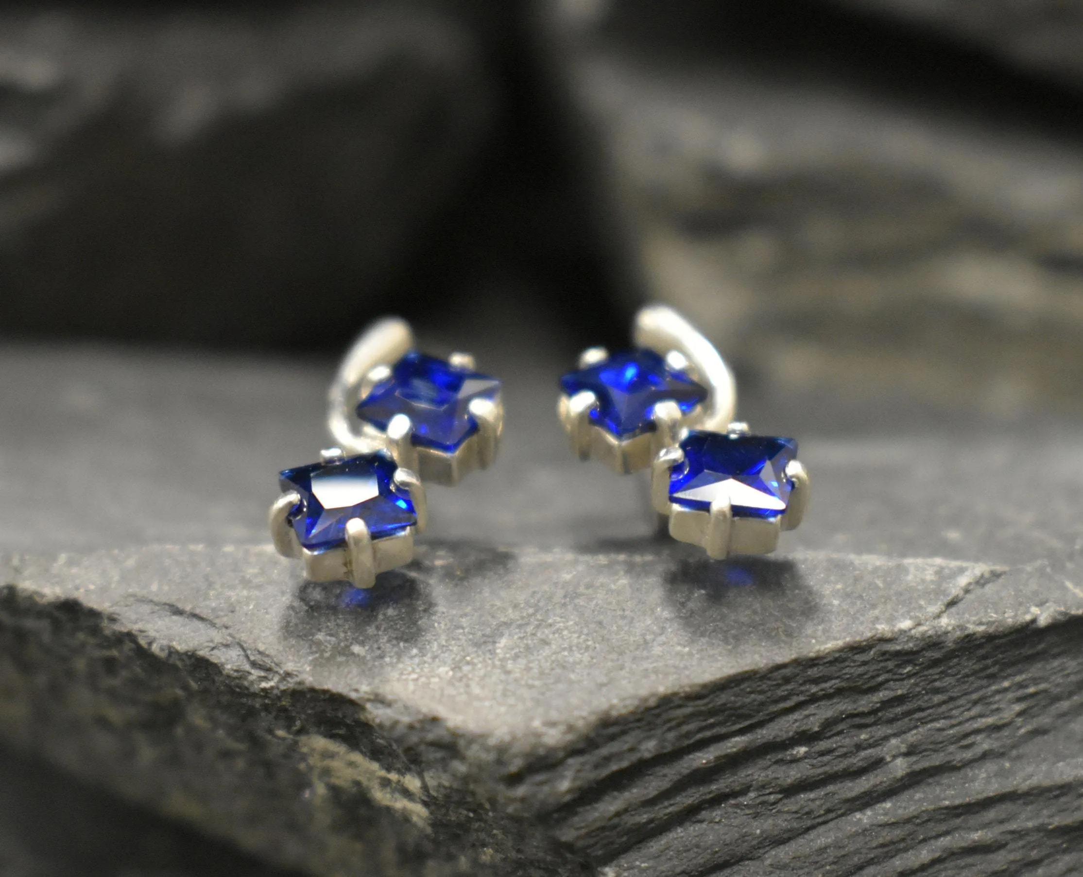 Twin Sapphire Earrings - Blue Square Earrings, Long Silver Earrings