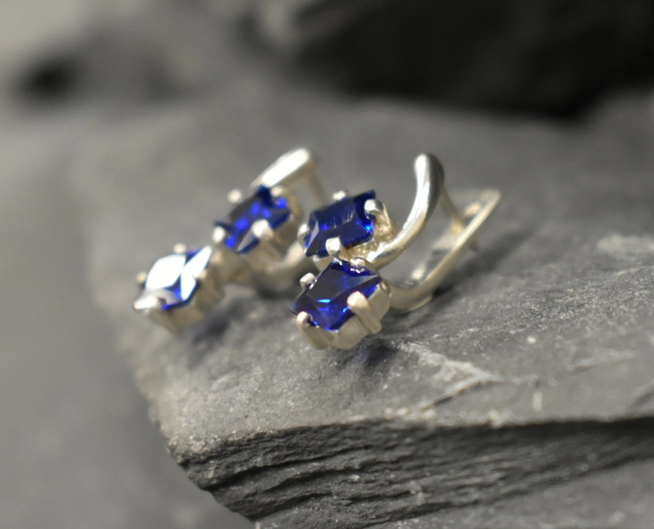 Twin Sapphire Earrings - Blue Square Earrings, Long Silver Earrings