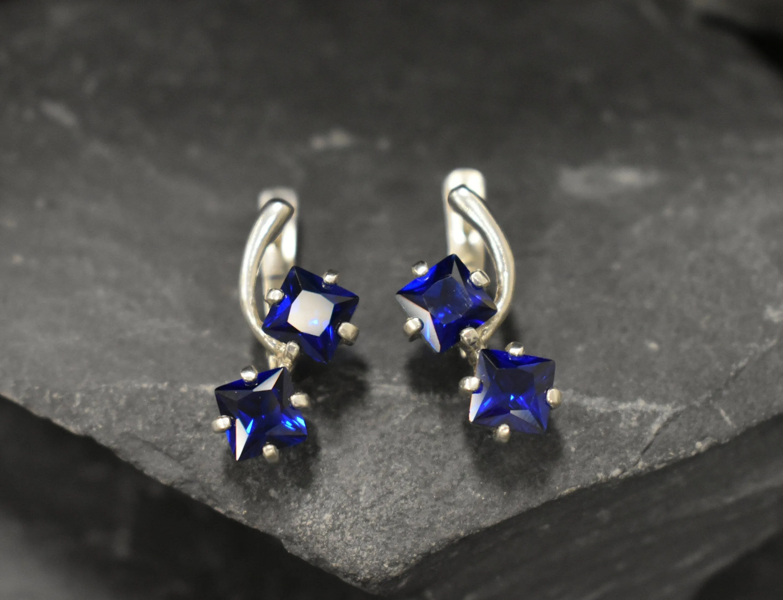 Twin Sapphire Earrings - Blue Square Earrings, Long Silver Earrings