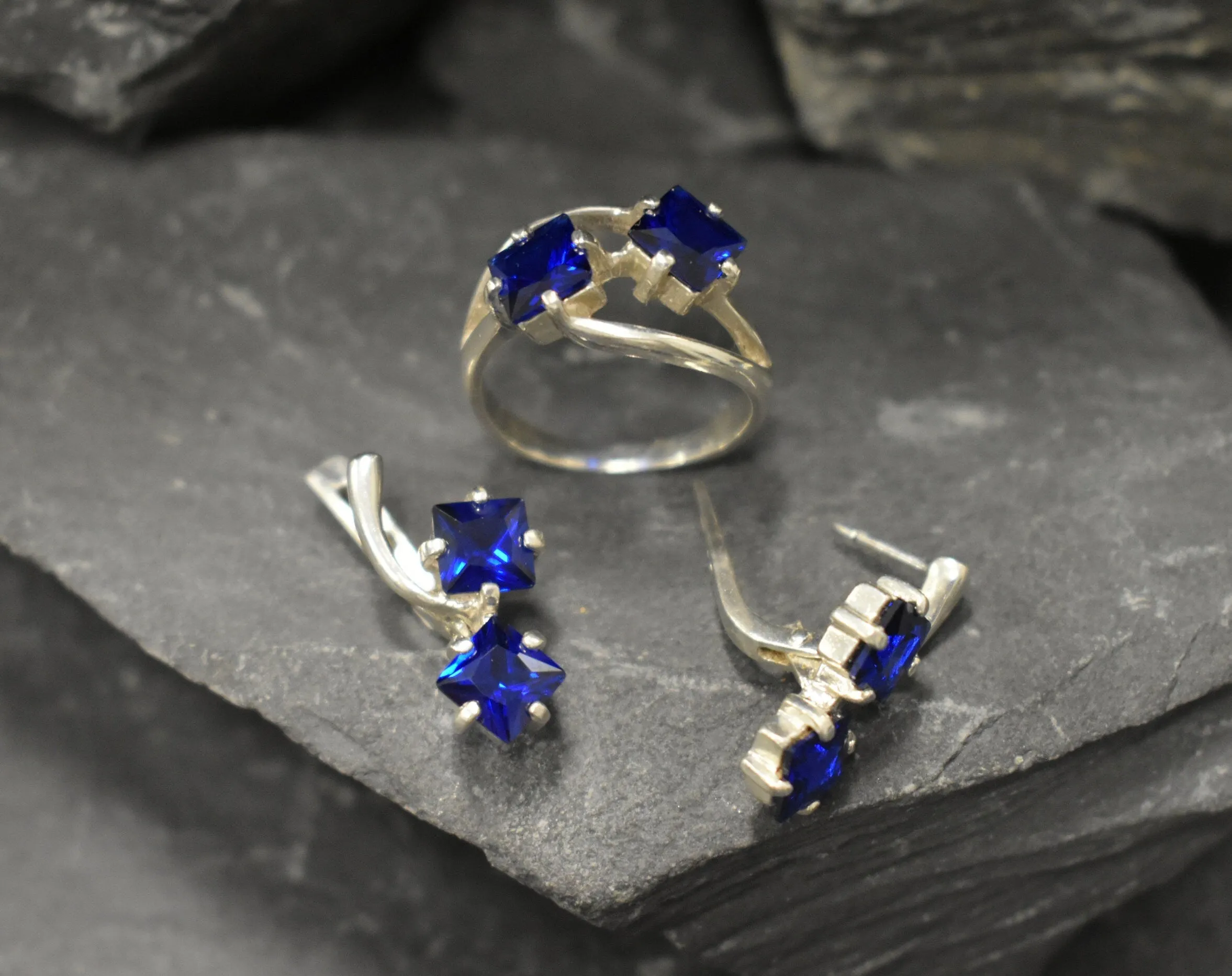 Twin Sapphire Earrings - Blue Square Earrings, Long Silver Earrings