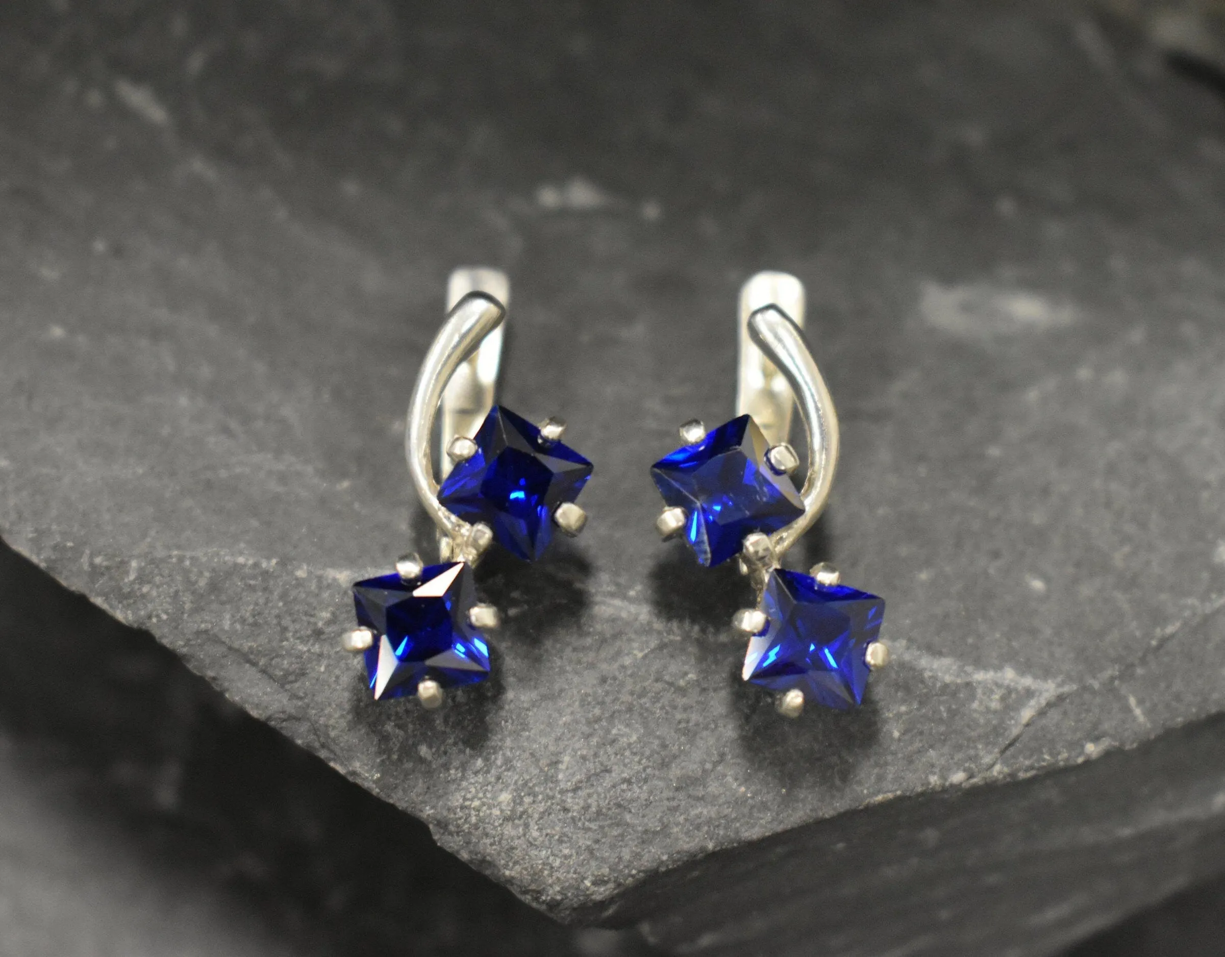 Twin Sapphire Earrings - Blue Square Earrings, Long Silver Earrings