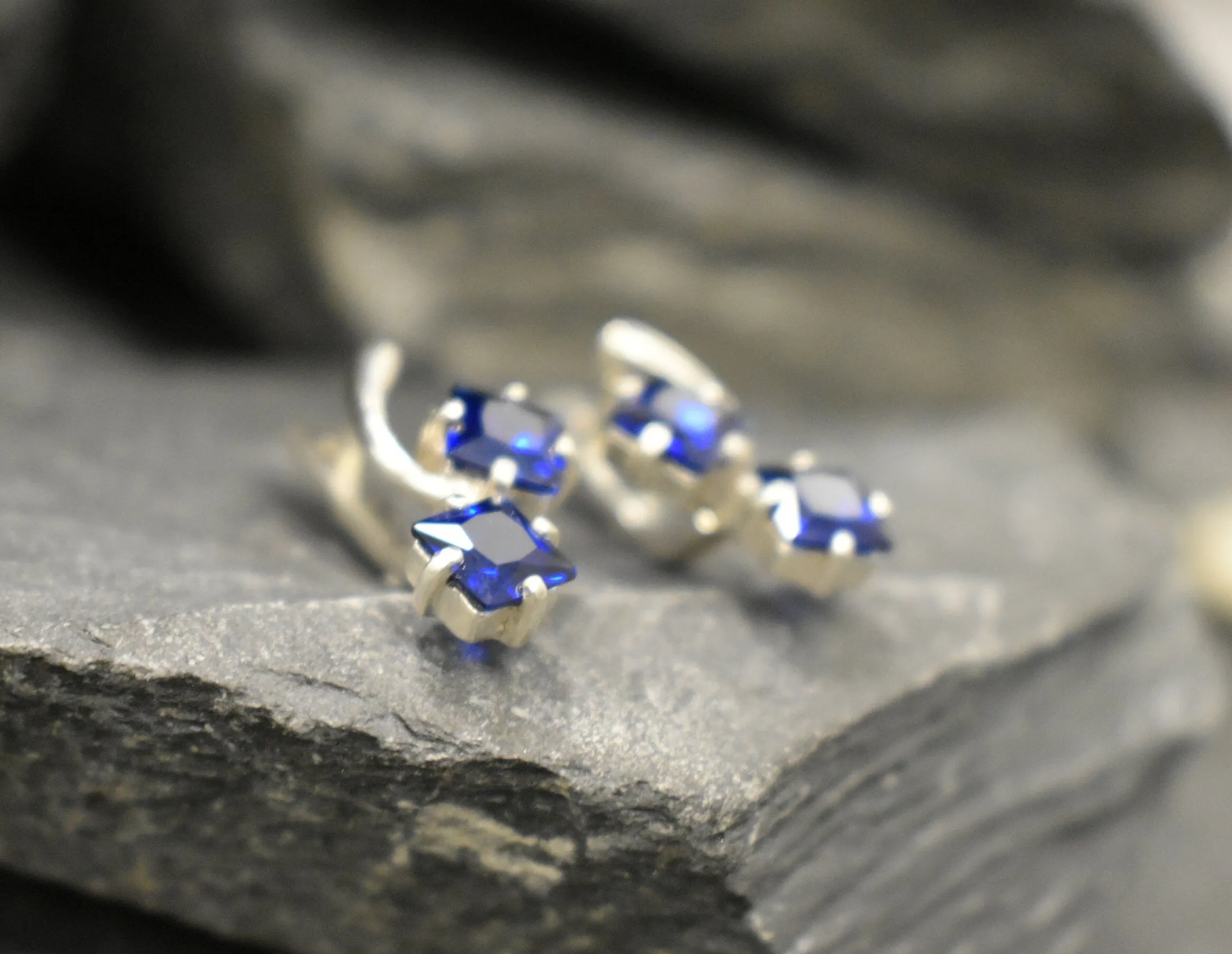 Twin Sapphire Earrings - Blue Square Earrings, Long Silver Earrings